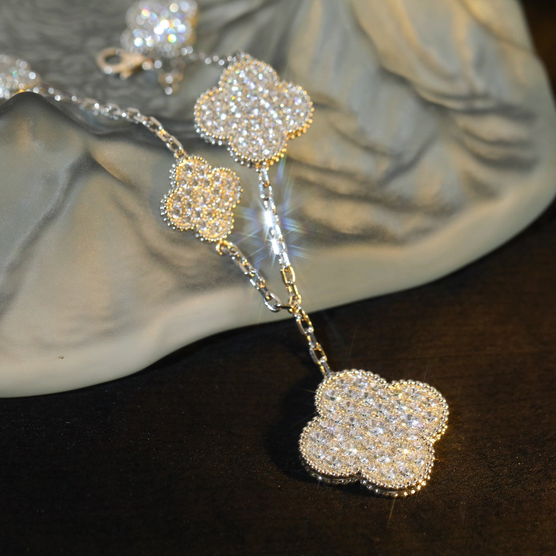 [LUXE JEWELRY]CLOVER BRACELET 5 MOTIF SILVER DIAMOND PAVED