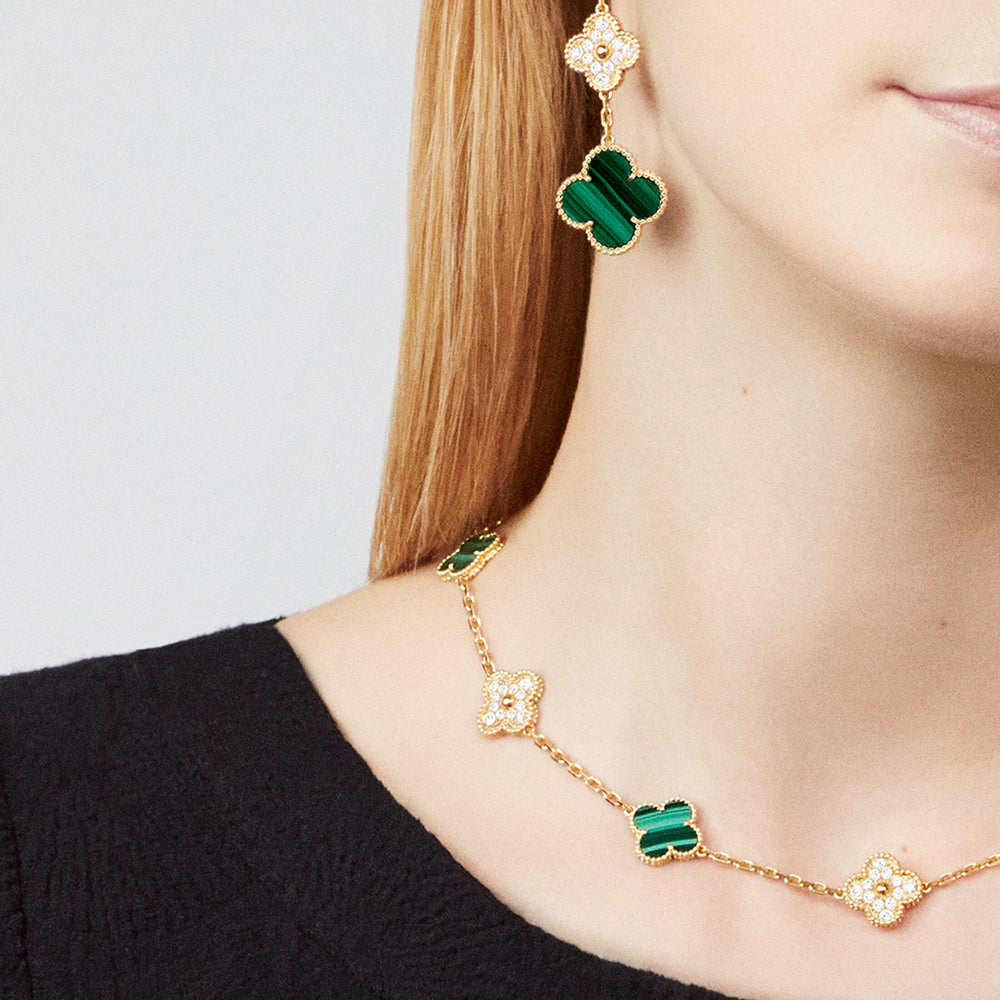 [LUXE JEWELRY]CLOVER 10 MOTIFS MALACHITE DIAMOND NECKLACE