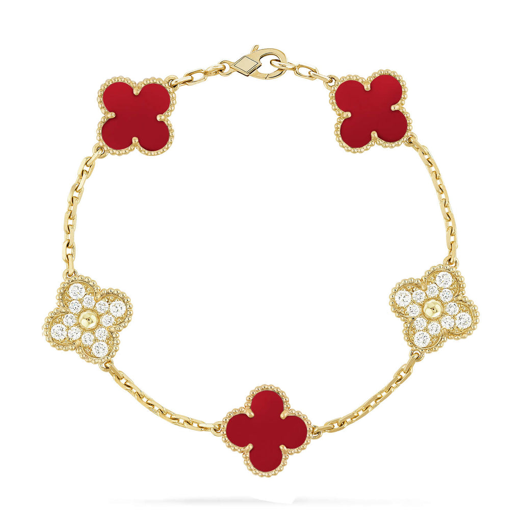 [LUXE JEWELRY] CLOVER 5 MOTIF RED CORNELIAN BRACELET COLLECTION