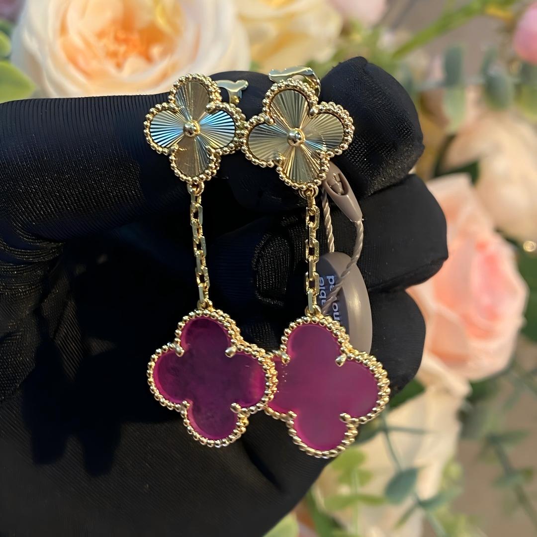 [LUXE JEWELRY]NEW CLOVER 2 MOTIF PINK ENAMEL EARRINGS