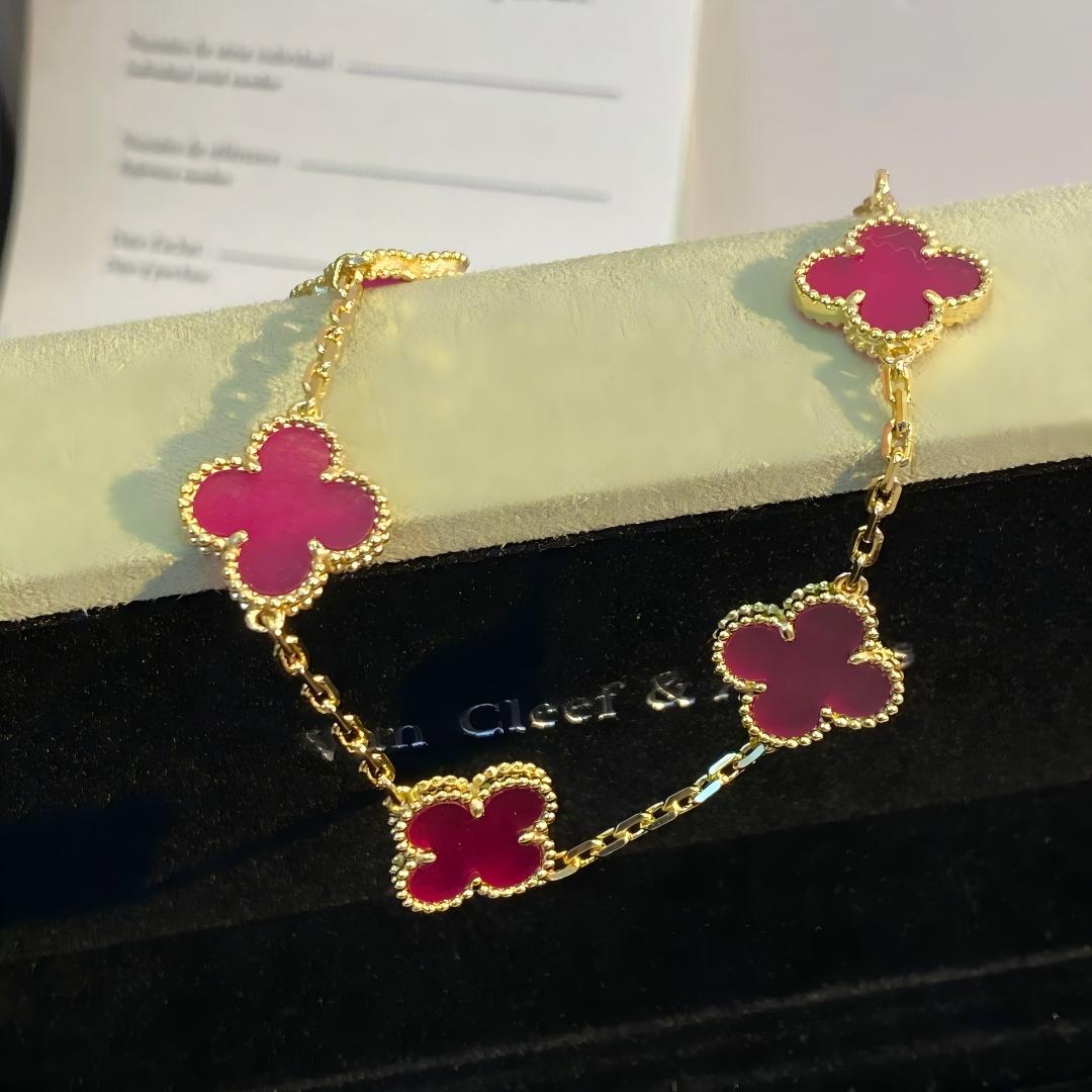 [LUXE JEWELRY]NEW CLOVER 5 MOTIFS PINK ENAMEL BRACELET