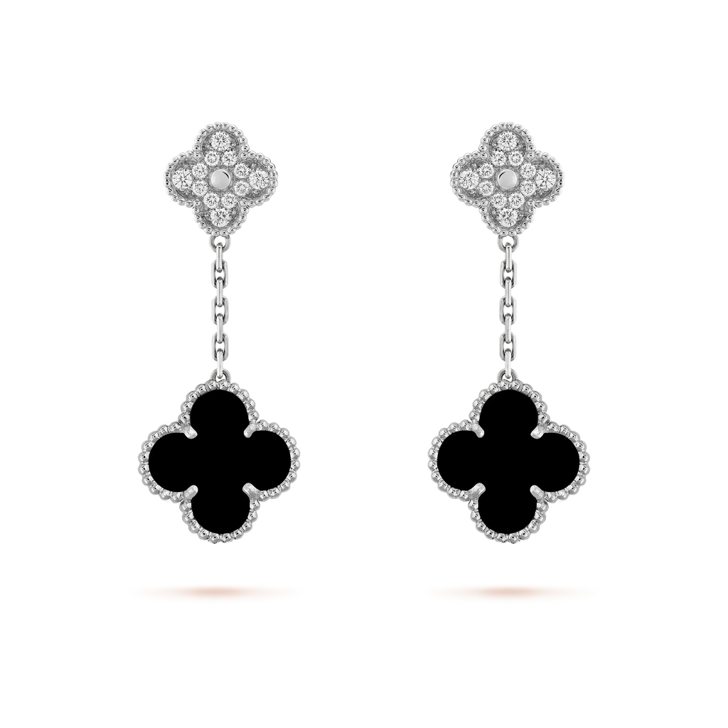 [LUXE JEWELRY]CLOVER 2 MOTIFS  DIAMOND ONYX EARRINGS SILVER