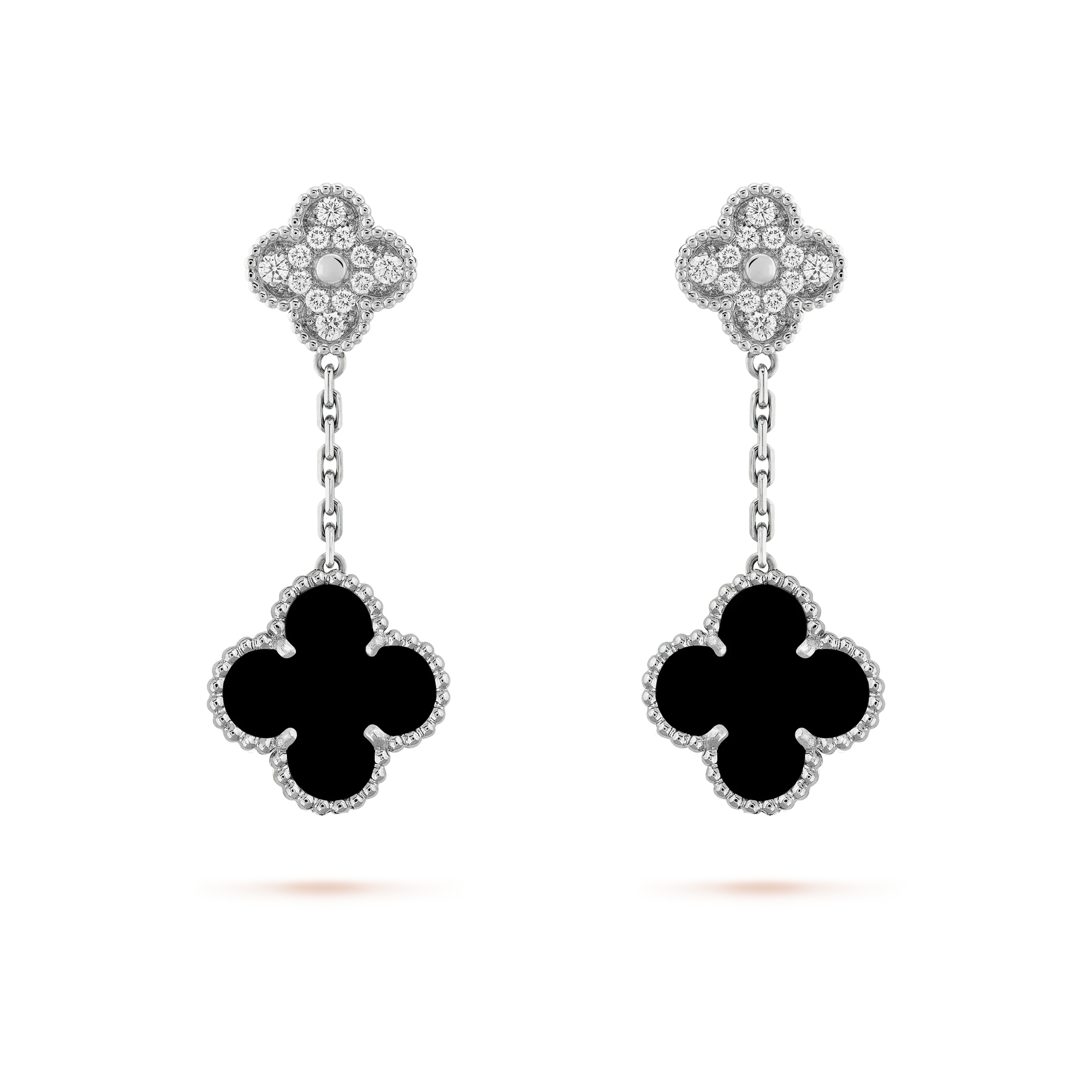[LUXE JEWELRY]CLOVER 2 MOTIFS  DIAMOND ONYX EARRINGS SILVER