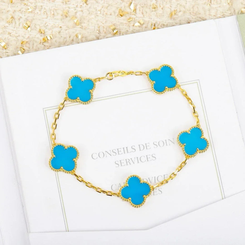 [LUXE JEWELRY] CLOVER 5 MOTIF TURQUOISE BRACELET COLLECTION