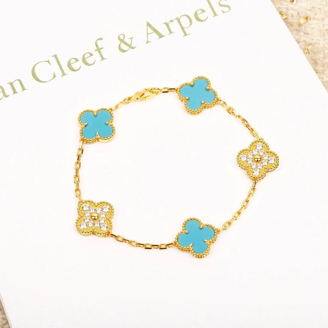 [LUXE JEWELRY] CLOVER 5 MOTIF TURQUOISE BRACELET COLLECTION