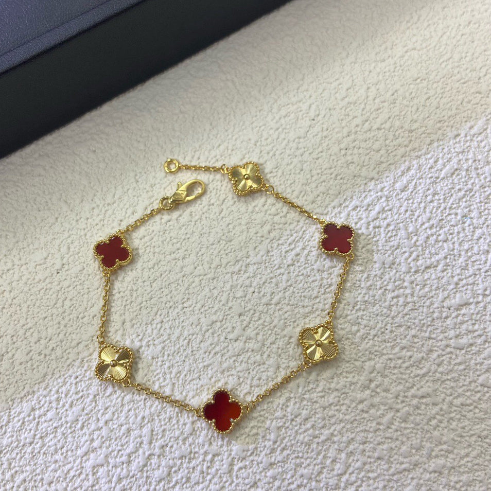 [LUXE JEWELRY]CLOVER 6 MOTIF RED AGATE LASER BRACELET
