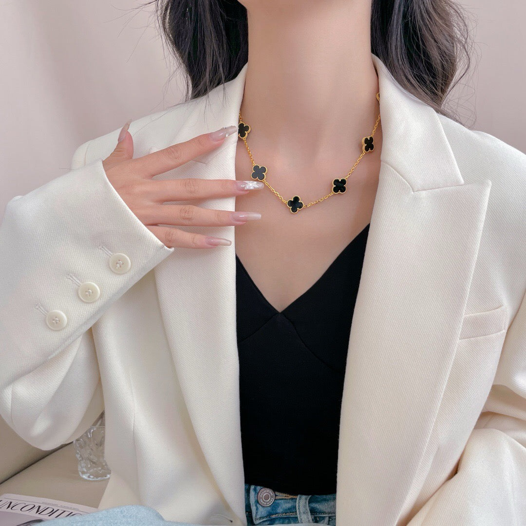 [LUXE JEWELRY]CLOVER 10 MOTIFS ONYX NECKLACE