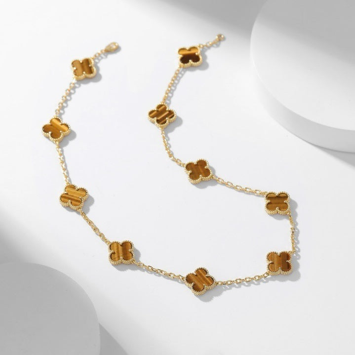 [LUXE JEWELRY]CLOVER 10 MOTIFS TIGER EYE NECKLACE