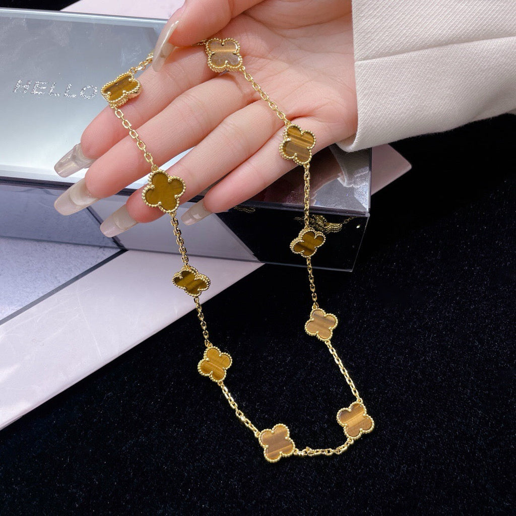 [LUXE JEWELRY]CLOVER 10 MOTIFS TIGER EYE NECKLACE