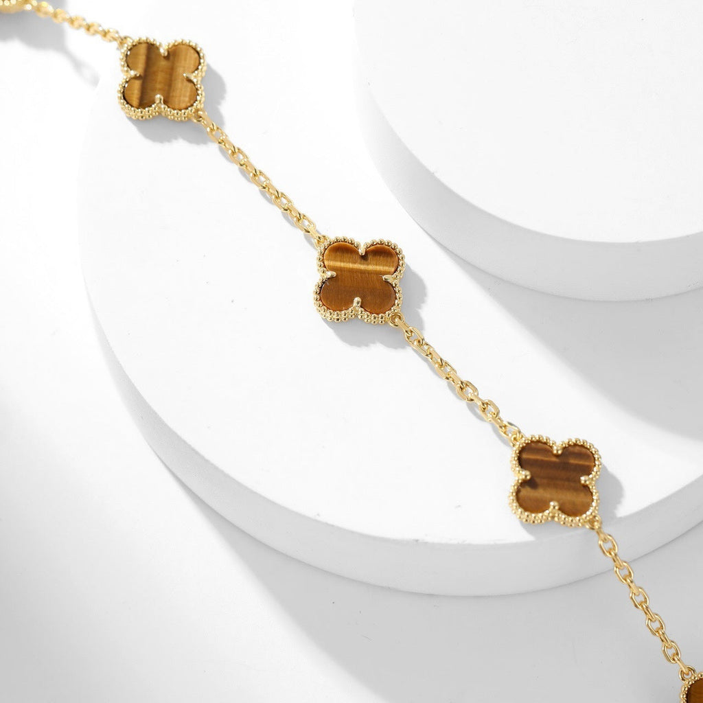 [LUXE JEWELRY]CLOVER 10 MOTIFS TIGER EYE NECKLACE