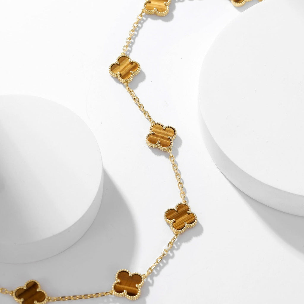 [LUXE JEWELRY]CLOVER 10 MOTIFS TIGER EYE NECKLACE