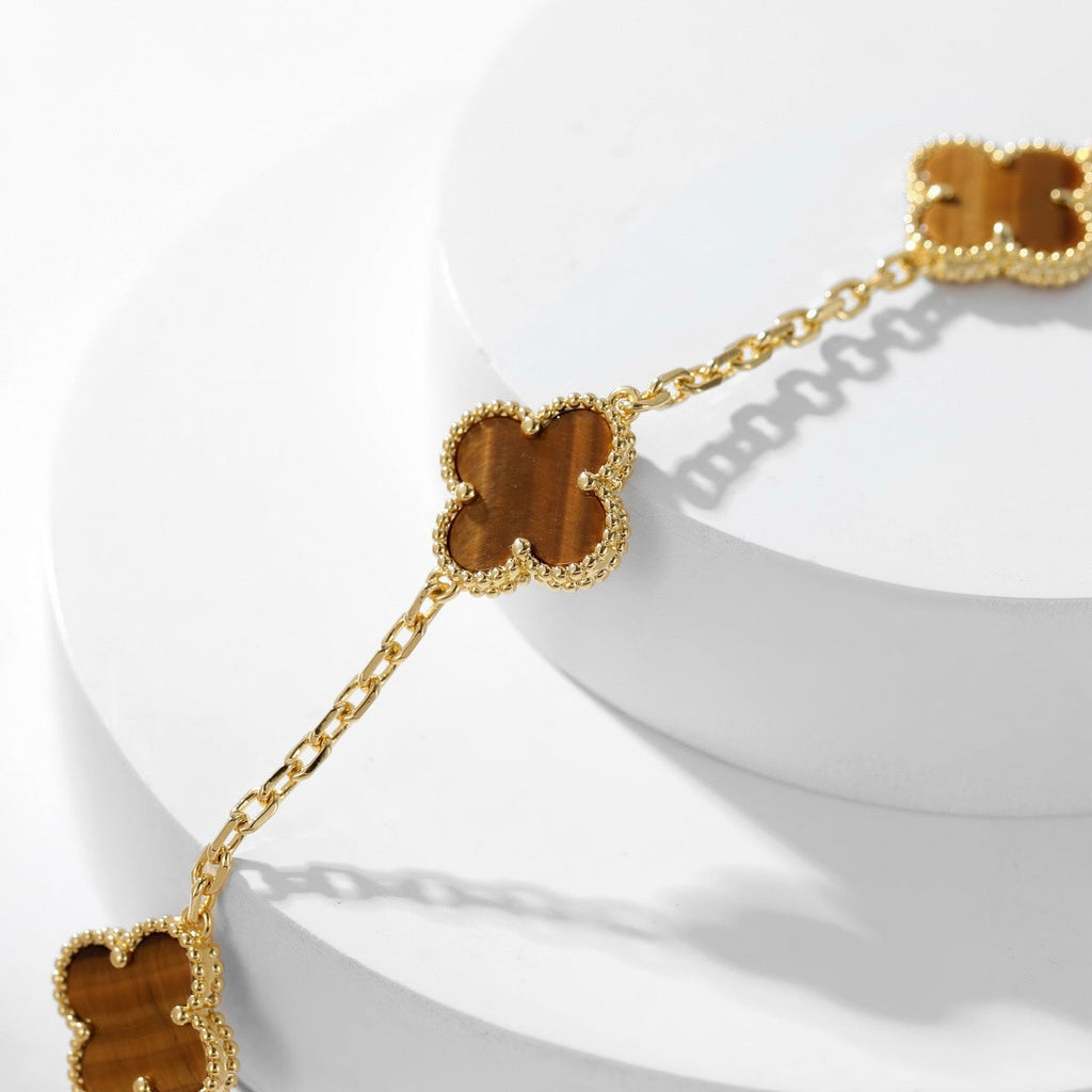 [LUXE JEWELRY]CLOVER 10 MOTIFS TIGER EYE NECKLACE