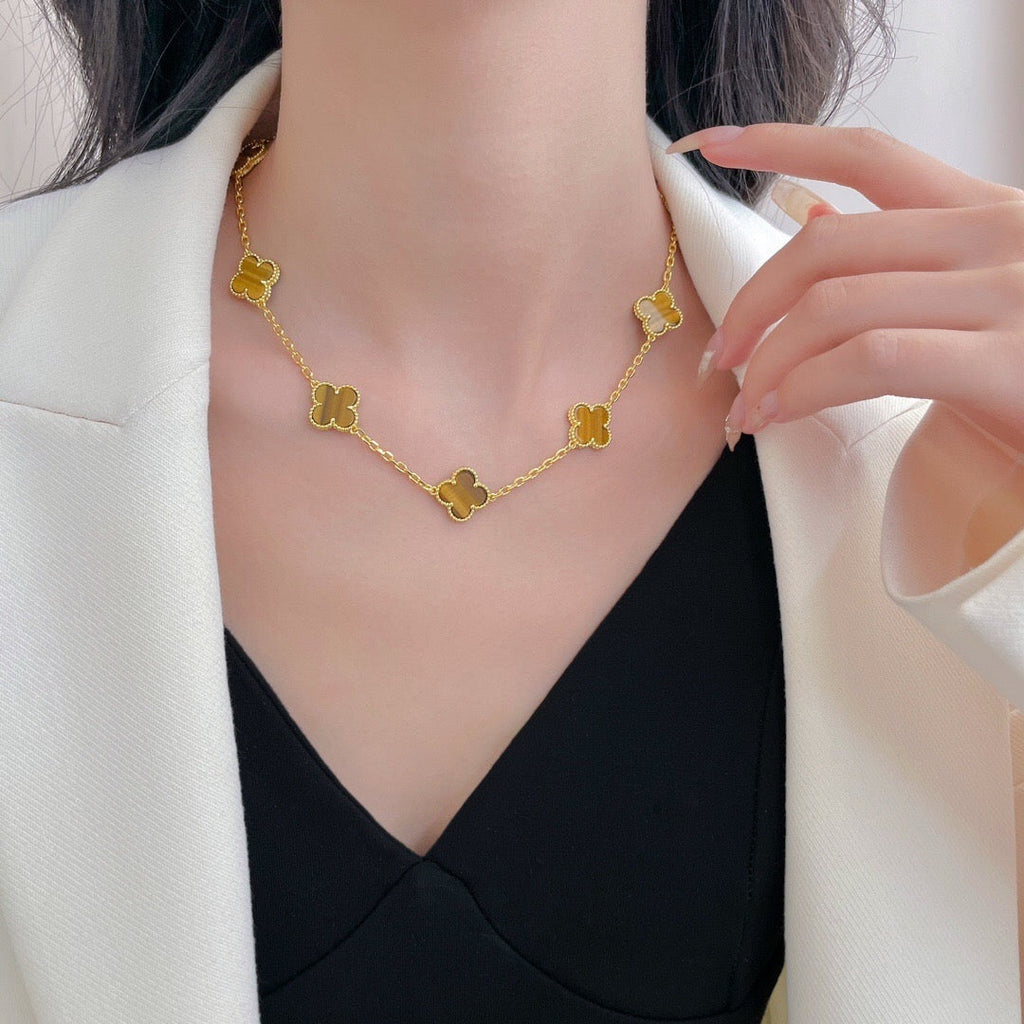 [LUXE JEWELRY]CLOVER 10 MOTIFS TIGER EYE NECKLACE
