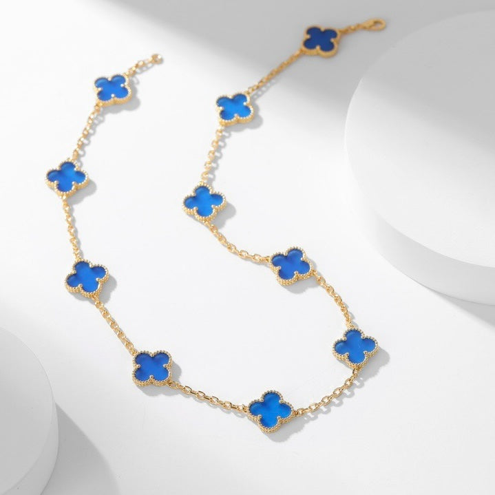 [LUXE JEWELRY]CLOVER 10 MOTIFS BLUE AGATE NECKLACE