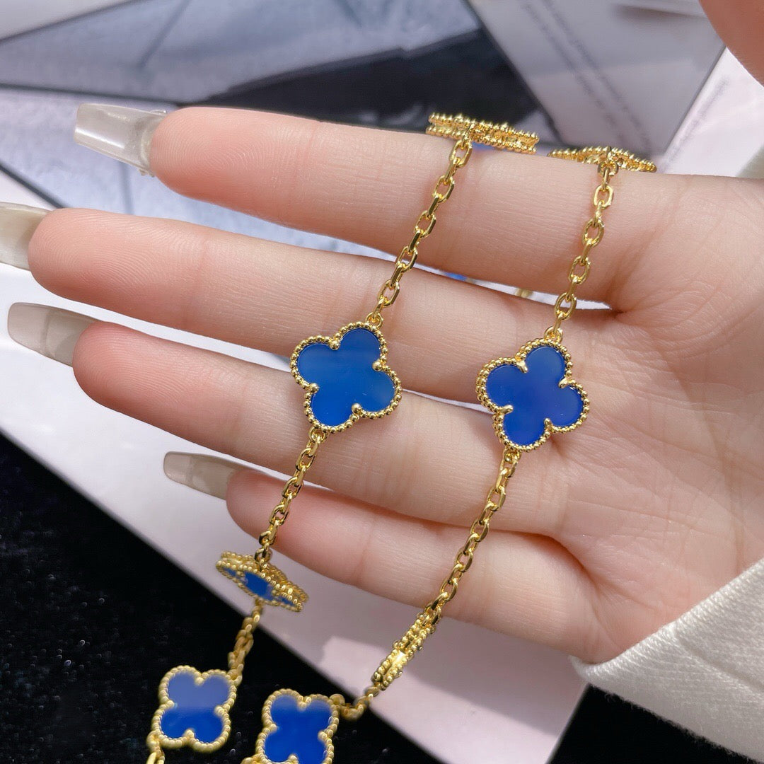 [LUXE JEWELRY]CLOVER 10 MOTIFS BLUE AGATE NECKLACE