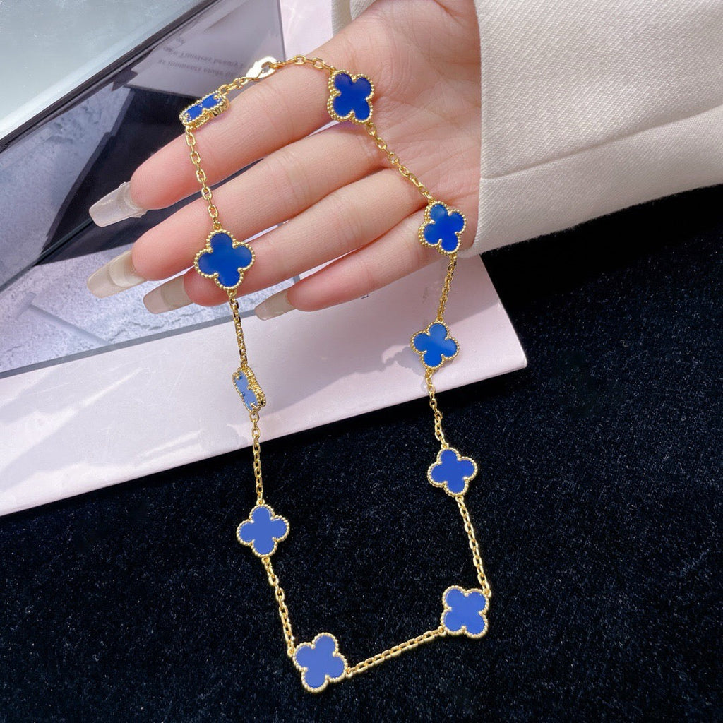 [LUXE JEWELRY]CLOVER 10 MOTIFS BLUE AGATE NECKLACE