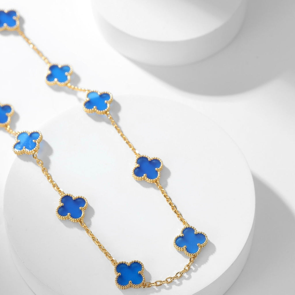 [LUXE JEWELRY]CLOVER 10 MOTIFS BLUE AGATE NECKLACE