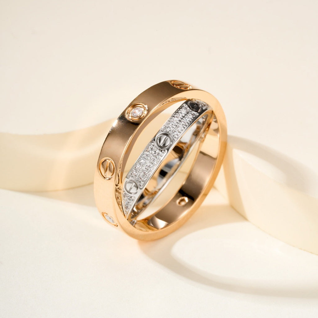 [LUXE JEWELRY] LOVE PINK GOLD SILVER DIAMOND DOUBLE RING