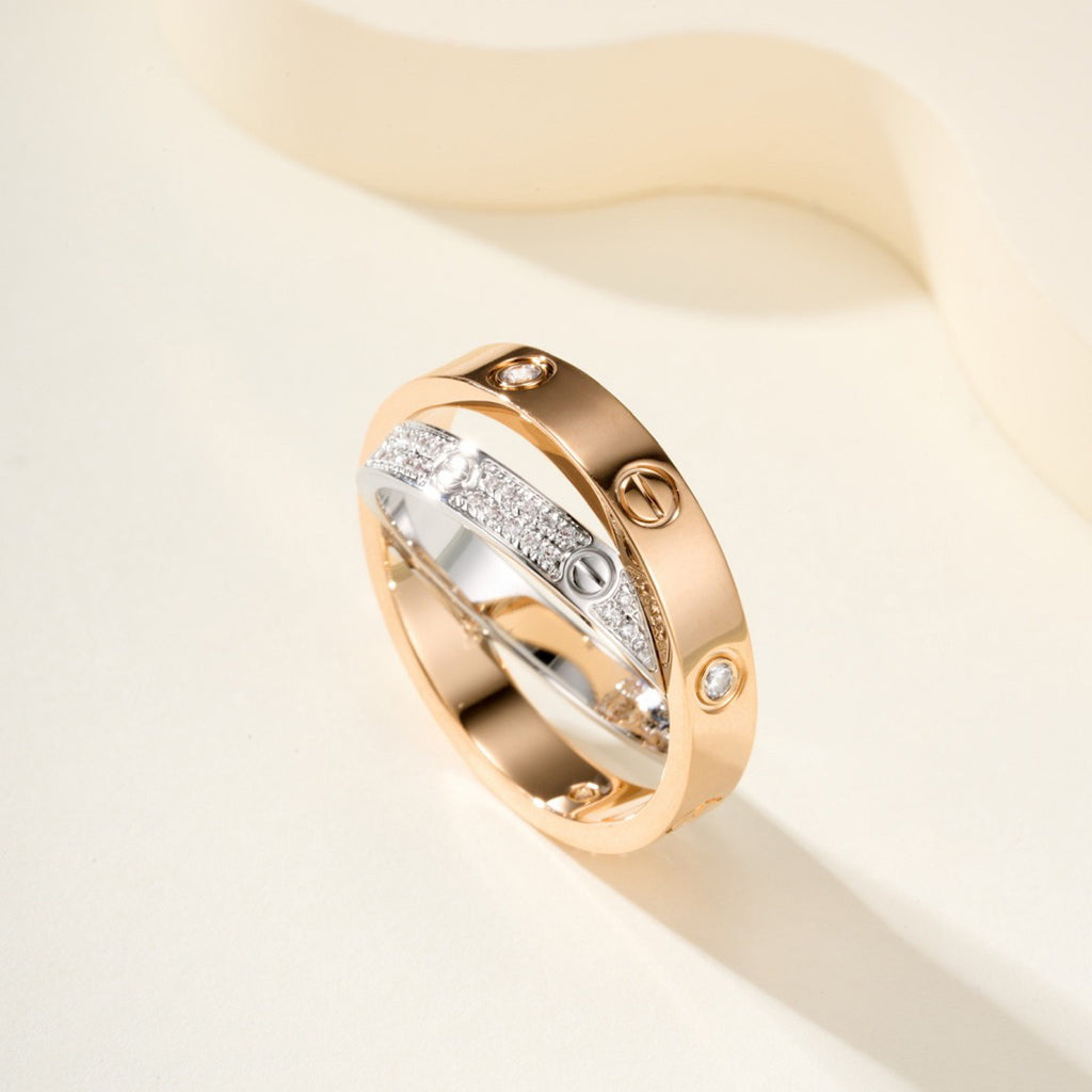 [LUXE JEWELRY] LOVE PINK GOLD SILVER DIAMOND DOUBLE RING