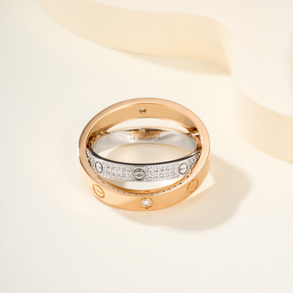 [LUXE JEWELRY] LOVE PINK GOLD SILVER DIAMOND DOUBLE RING
