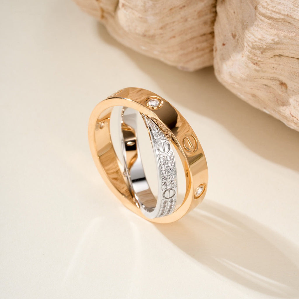 [LUXE JEWELRY] LOVE PINK GOLD SILVER DIAMOND DOUBLE RING