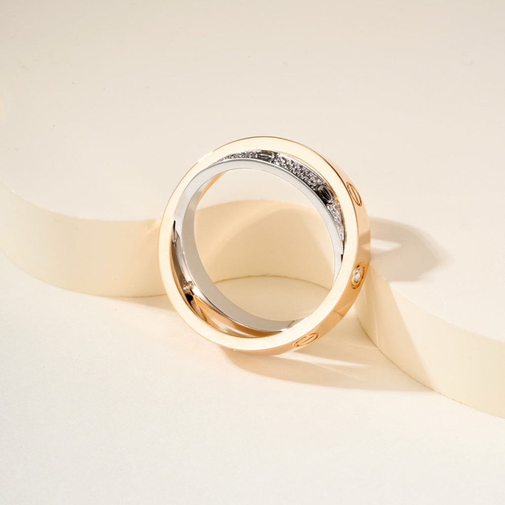 [LUXE JEWELRY] LOVE PINK GOLD SILVER DIAMOND DOUBLE RING