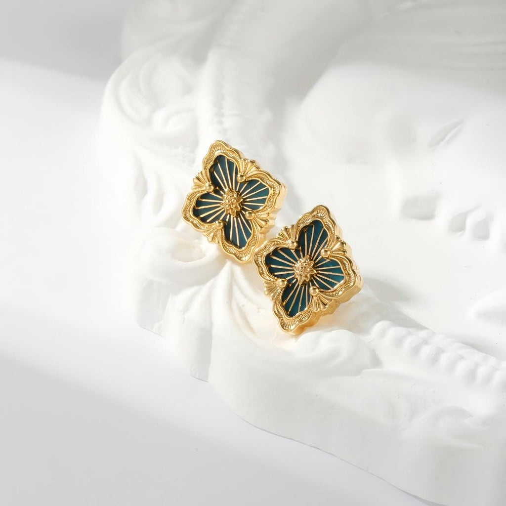 [LUXE JEWELRY]OPERA TULLE GOLD BUTTON EARRINGS ENAMELED ELEMENT