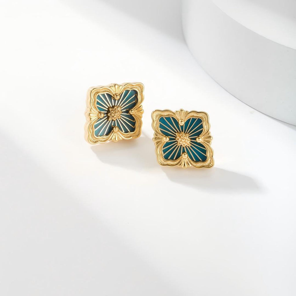 [LUXE JEWELRY]OPERA TULLE GOLD BUTTON EARRINGS ENAMELED ELEMENT
