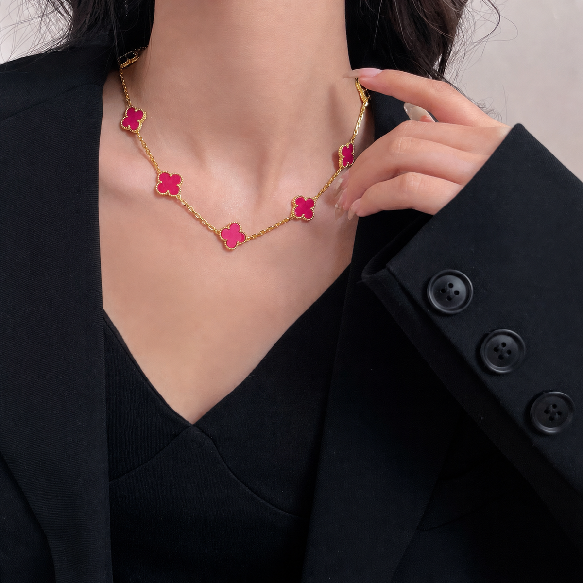 [LUXE JEWELRY]NEW CLOVER 10 MOTIFS PINK ENAMEL NECKLACE