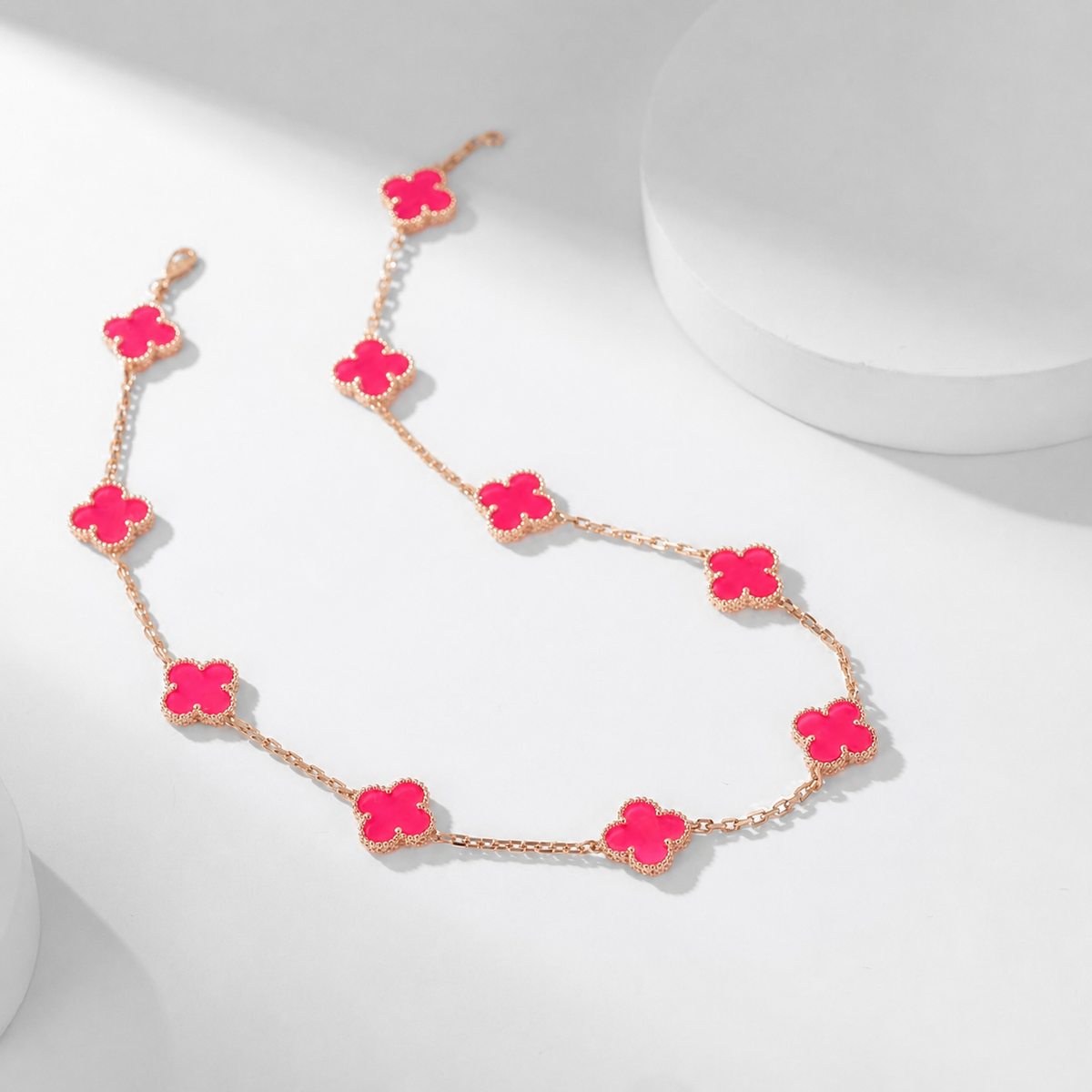 [LUXE JEWELRY]NEW CLOVER 10 MOTIFS PINK ENAMEL NECKLACE