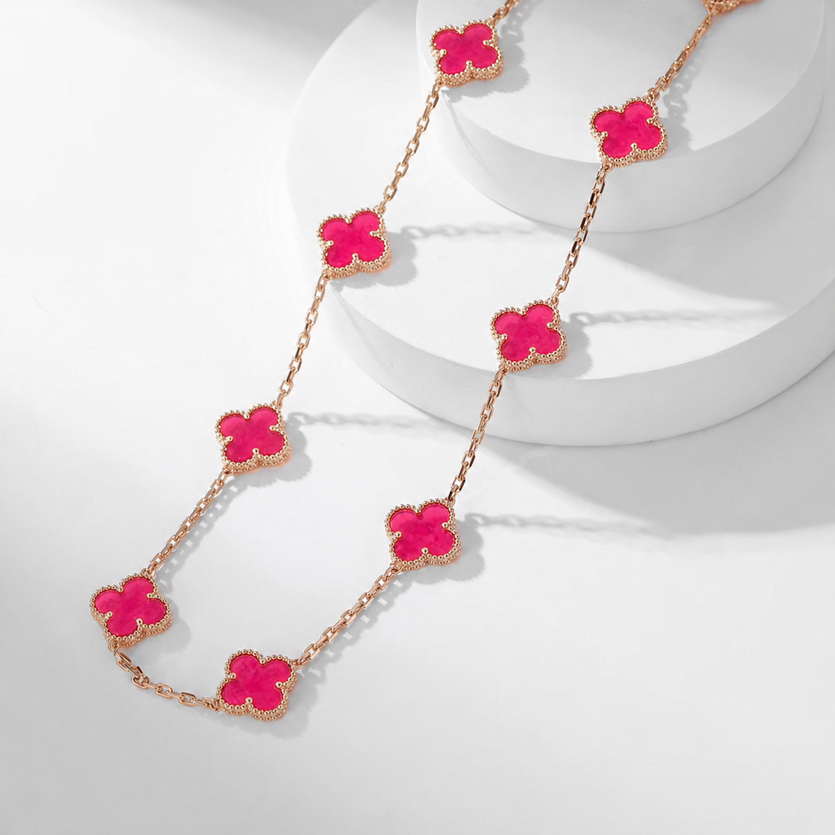 [LUXE JEWELRY]NEW CLOVER 10 MOTIFS PINK ENAMEL NECKLACE