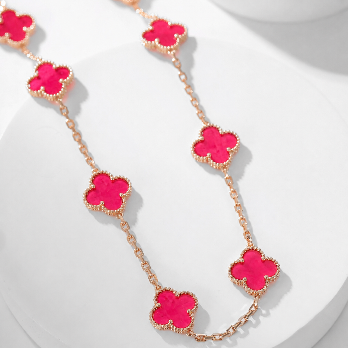 [LUXE JEWELRY]NEW CLOVER 10 MOTIFS PINK ENAMEL NECKLACE