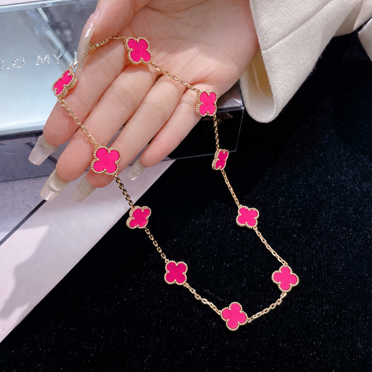 [LUXE JEWELRY]NEW CLOVER 10 MOTIFS PINK ENAMEL NECKLACE