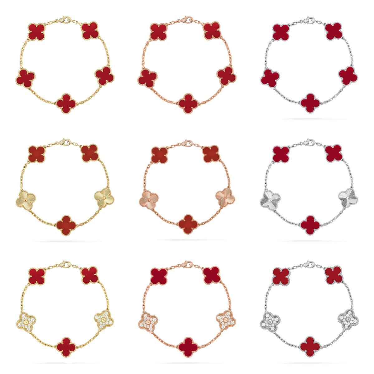 [LUXE JEWELRY] CLOVER 5 MOTIF RED CORNELIAN BRACELET COLLECTION