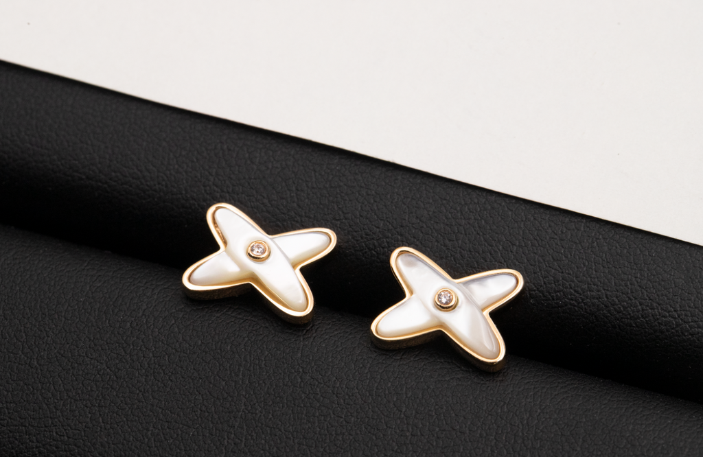 [LUXE JEWELRY]JEUX DE WHITE MOP ROSE GOLD DIAMOND EARRINGS
