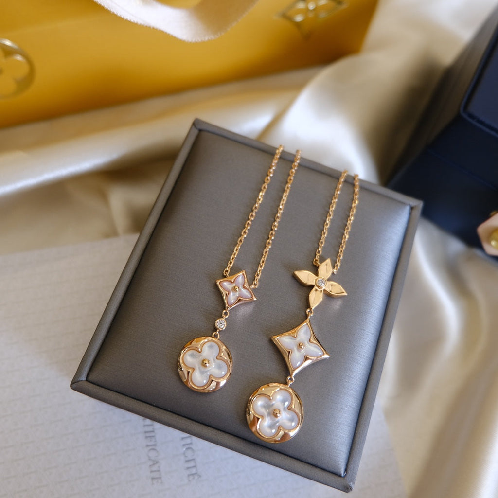 [LUXE JEWELRY]COLOR BLOSSOM LARIAT NECKLACE PINK GOLD WHITE MOTHER PEARL AND DIAMOND