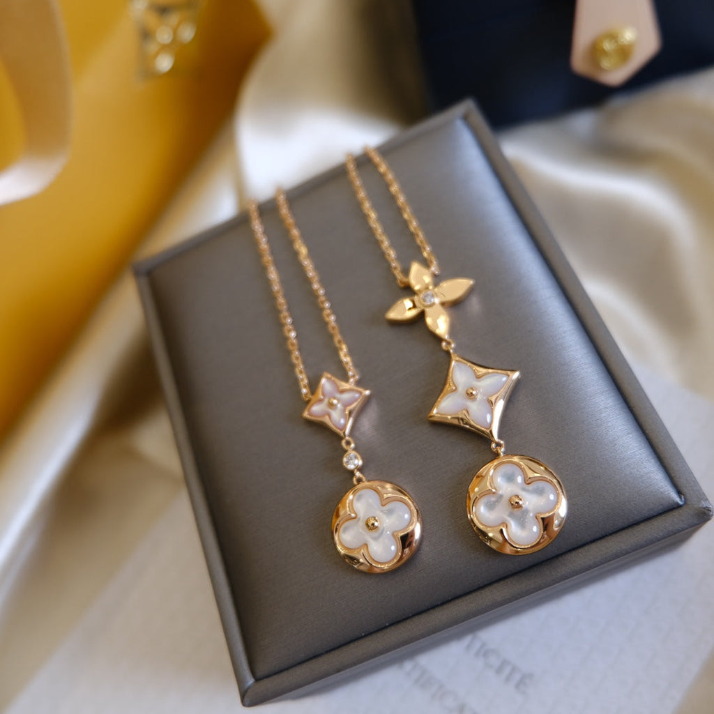 [LUXE JEWELRY]COLOR BLOSSOM LARIAT NECKLACE PINK GOLD WHITE MOTHER PEARL AND DIAMOND