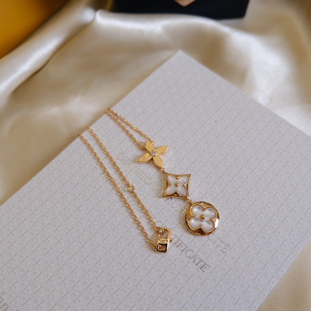 [LUXE JEWELRY]COLOR BLOSSOM LARIAT NECKLACE PINK GOLD WHITE MOTHER PEARL AND DIAMOND