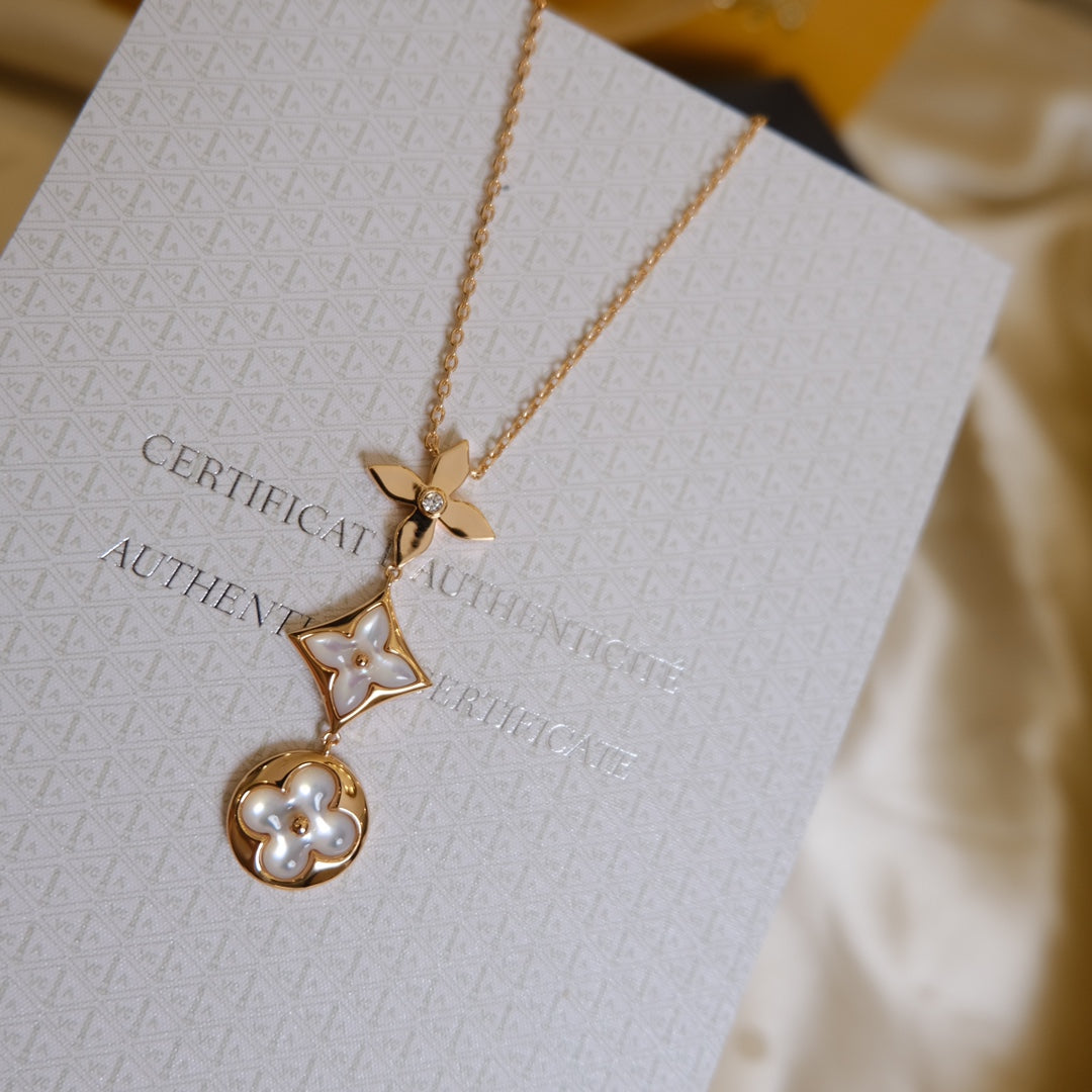 [LUXE JEWELRY]COLOR BLOSSOM LARIAT NECKLACE PINK GOLD WHITE MOTHER PEARL AND DIAMOND