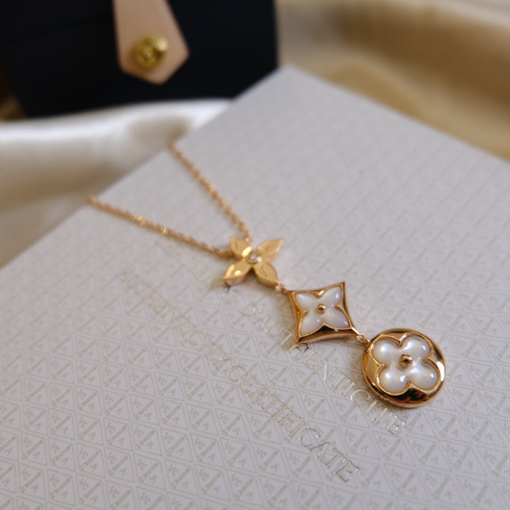 [LUXE JEWELRY]COLOR BLOSSOM LARIAT NECKLACE PINK GOLD WHITE MOTHER PEARL AND DIAMOND