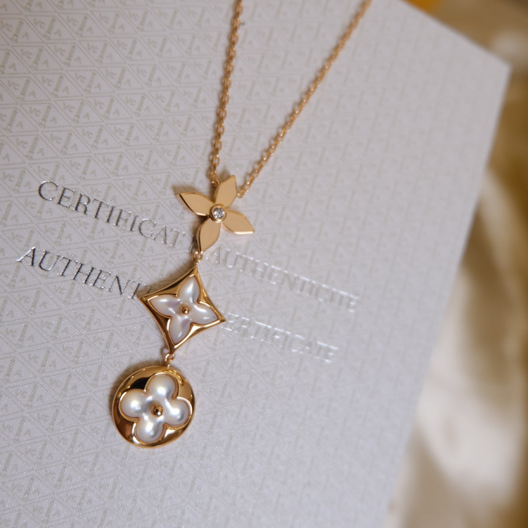[LUXE JEWELRY]COLOR BLOSSOM LARIAT NECKLACE PINK GOLD WHITE MOTHER PEARL AND DIAMOND