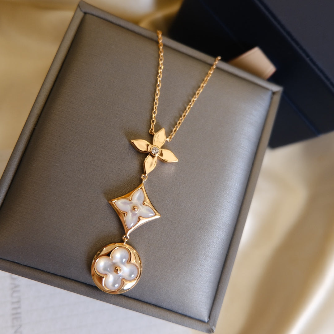 [LUXE JEWELRY]COLOR BLOSSOM LARIAT NECKLACE PINK GOLD WHITE MOTHER PEARL AND DIAMOND