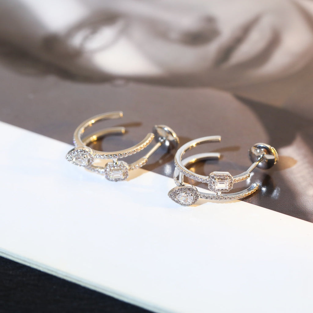 [Luxe Jewellery] CREOLES MY TWIN 2 RANGS SILVER DIAMOND EARRINGS