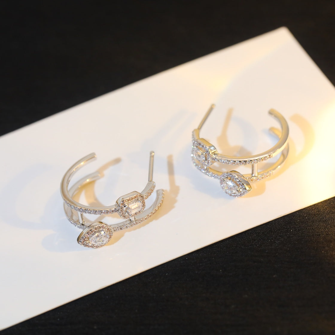 [LUXE JEWELRY]CREOLES MY TWIN 2 RANGS SILVER DIAMOND EARRINGS