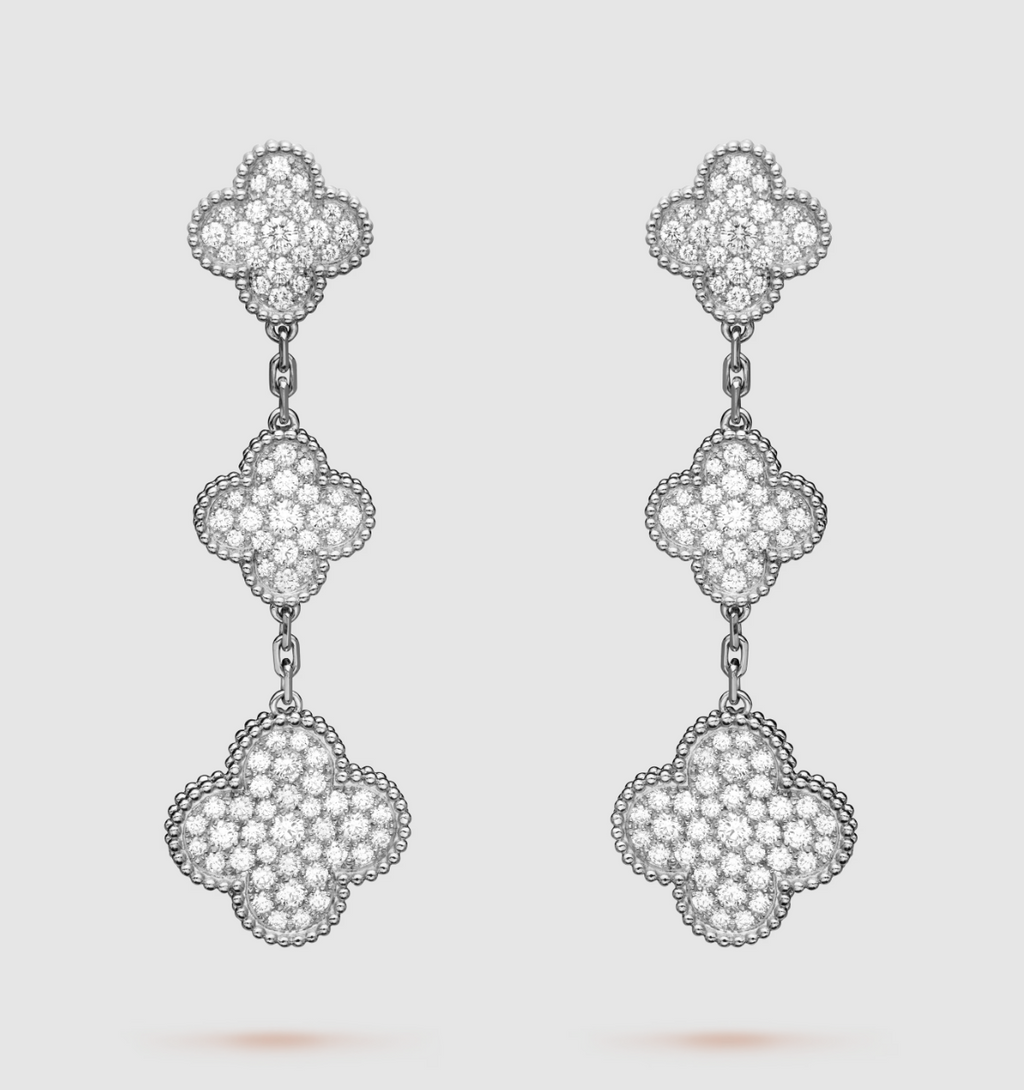[LUXE JEWELRY]CLOVER 3 MOTIF DIAMOND SILVER DROP EARRINGS