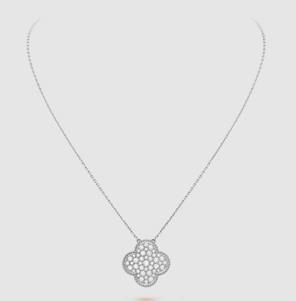 [LUXE JEWELRY]CLOVER 25MM LARGE PENDANT DIAMOND PAVED SILVER NECKLACE