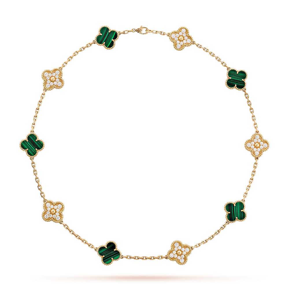 [LUXE JEWELRY]CLOVER 10 MOTIFS MALACHITE DIAMOND NECKLACE