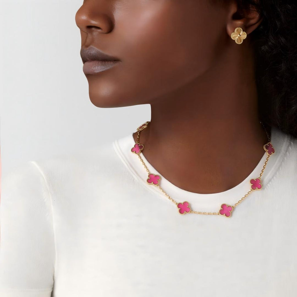 [LUXE JEWELRY]NEW CLOVER 10 MOTIFS PINK ENAMEL NECKLACE