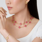 [LUXE JEWELRY]NEW CLOVER 20 MOTIFS PINK ENAMEL NECKLACE