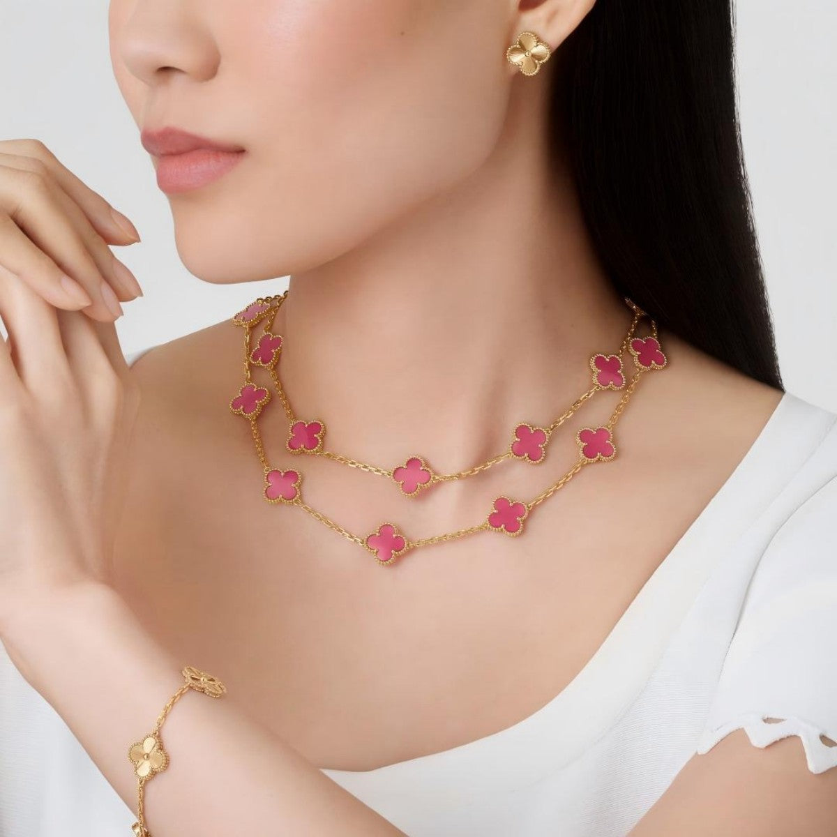 [LUXE JEWELRY]NEW CLOVER 20 MOTIFS PINK ENAMEL NECKLACE